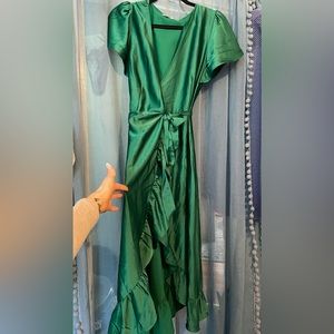 Emerald Green Satin Wrap Dress